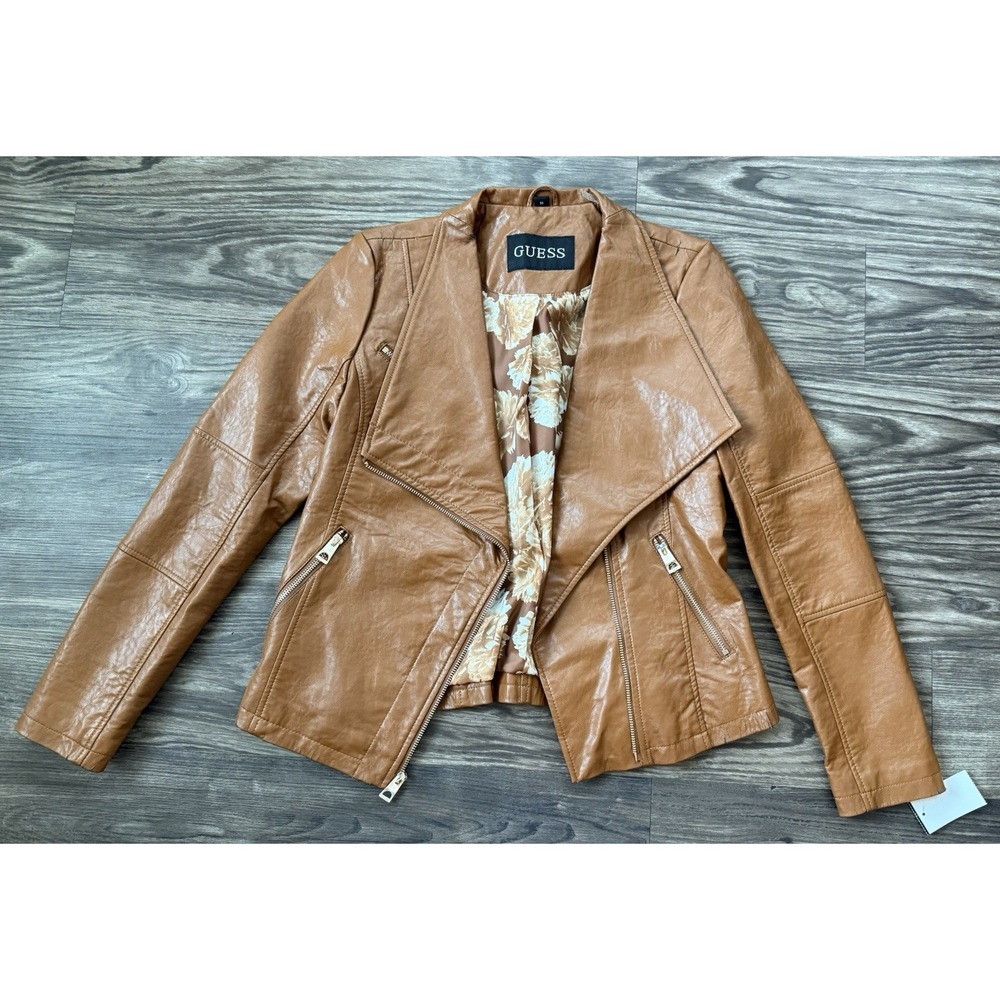 SOLD
 GUESS Faux Leather Jacket Size Medium Congac Brown‎ Full Zip y2k